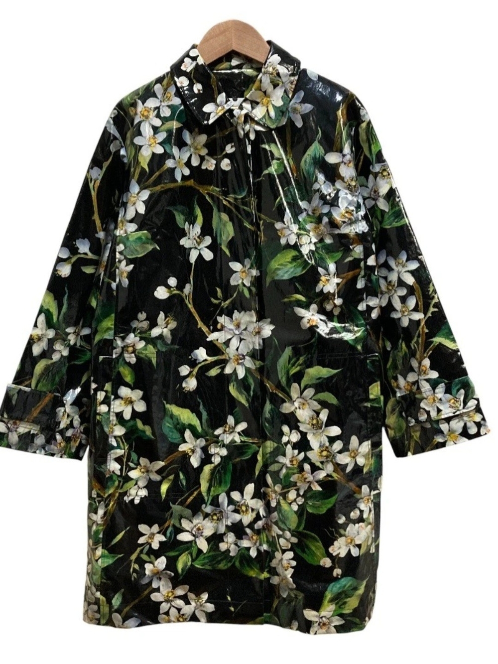 New w/tag Dolce & Gabbana Black Floral Patent Rain Coat